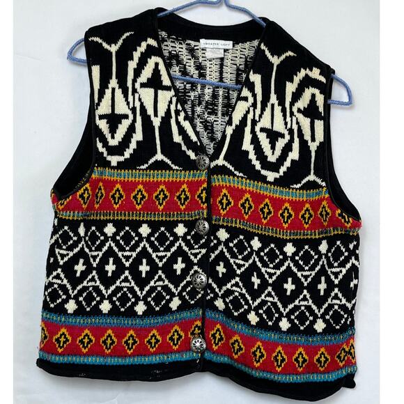 Vintage Sweater Loft Women's Size Med Black Southwestern Print Button Front Vest - Picture 1 of 8